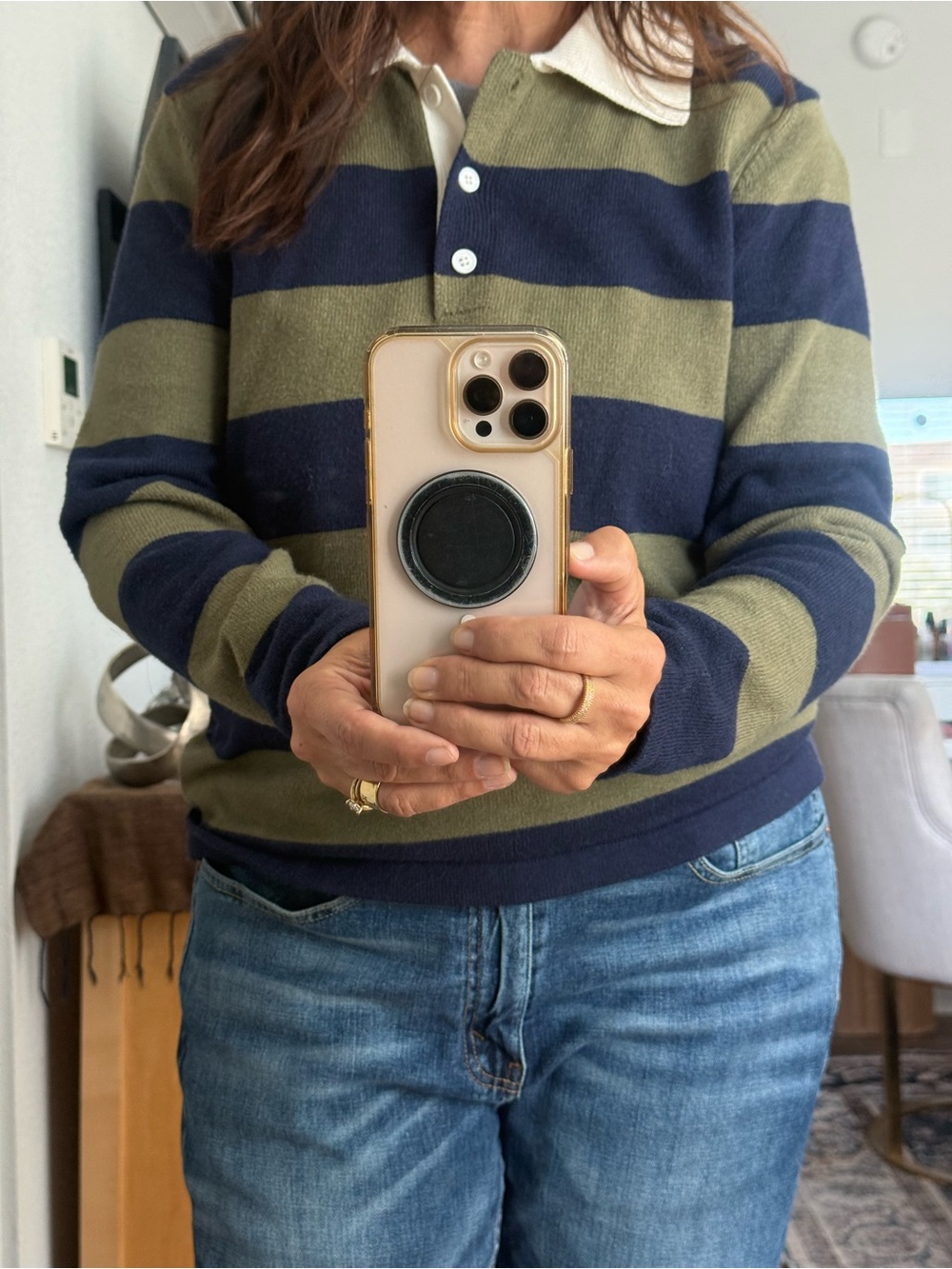 Cielo Olive Green and Navy Striped Rugby Polo Top